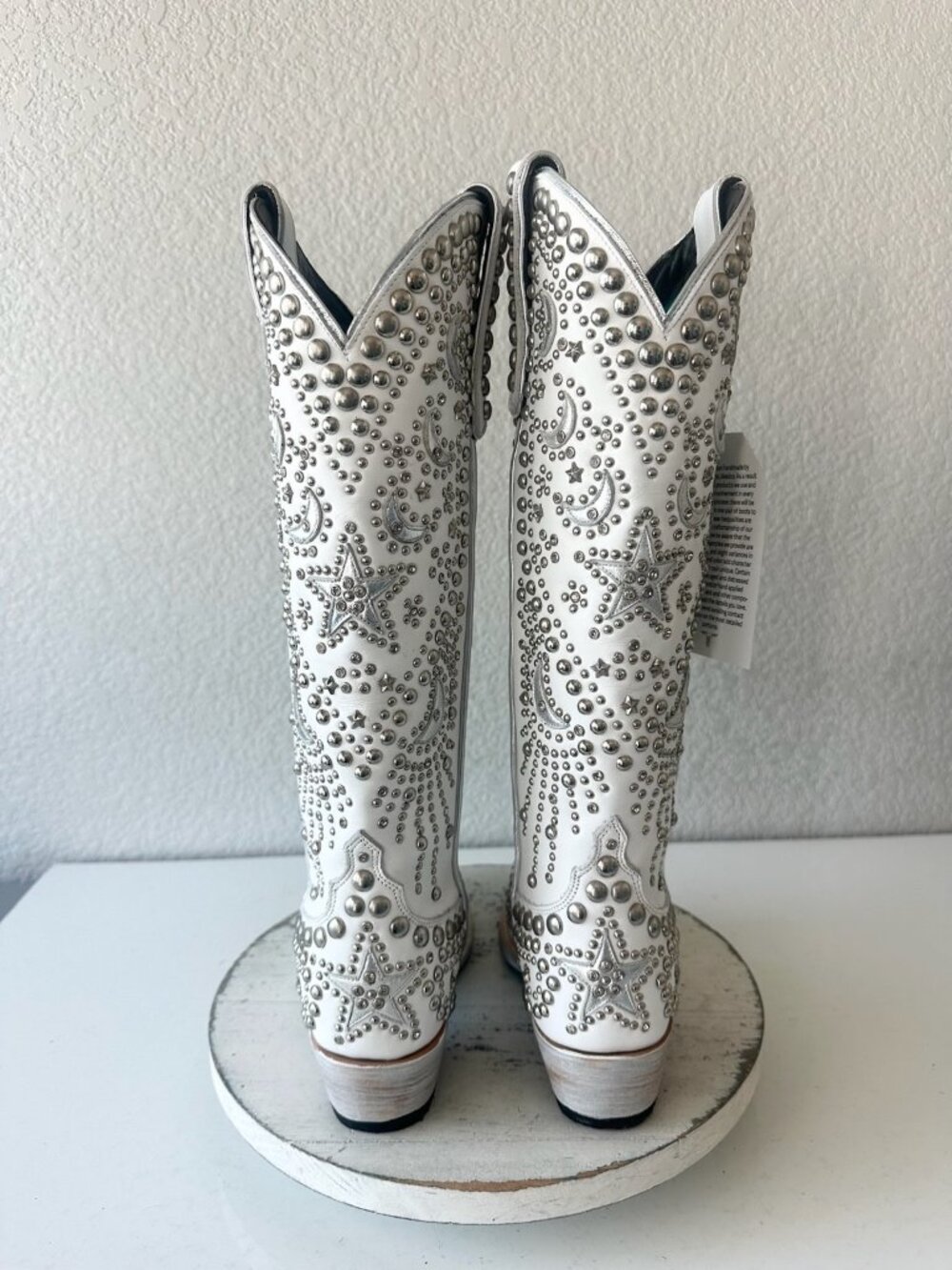 Lane SOLSTICE Womens White Studded Cowboy Boots Tall Snip Toe Leather Size 8 - Picture 3 of 14